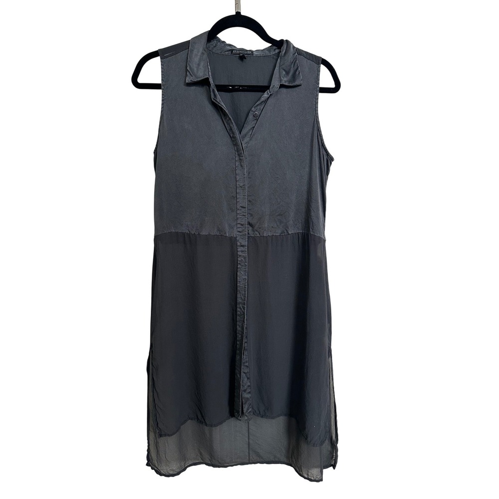 Eileen Fisher 100% Silk Colorblock Tunic Top Charcoal Black Small Mixed Media